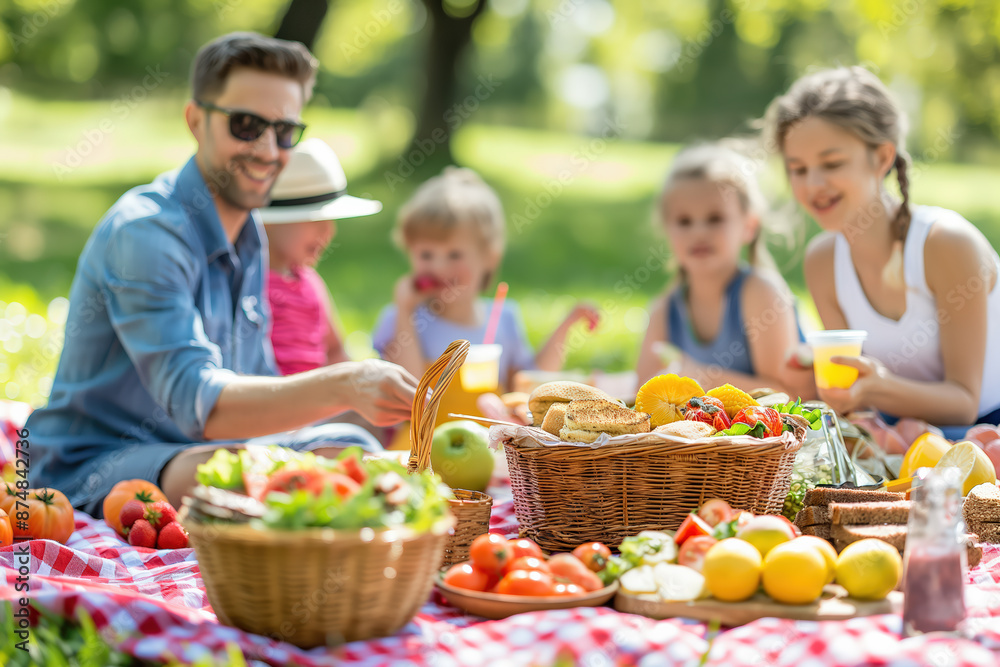 Family having lunch on picnic blanket in park Family having lunch on picnic blanket in park