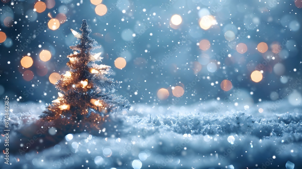 Fototapeta premium Light snow bokeh background on shiny glitter light blue snow winter for Christmas festive background. 
