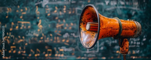 Vibrant Megaphone with Music Note Symbolizing Amplified Sound in Concerts and Events