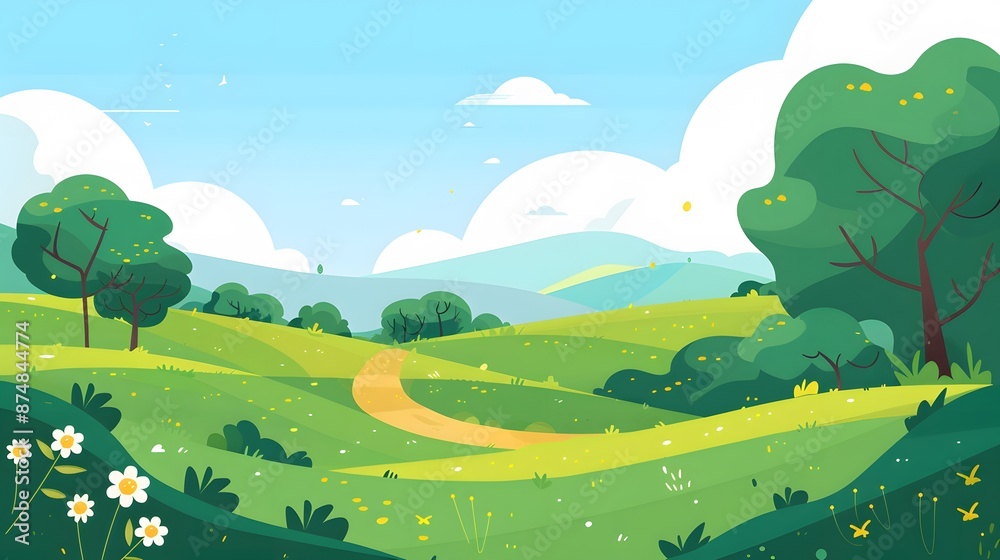 Obraz premium Landscape countryside nature background with sky, green trees, hill and meadow, vector illustration flat design. 
