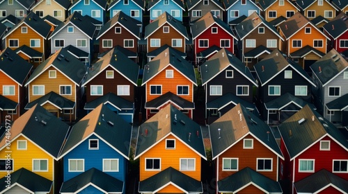 Row after row of identical houses but with mismatched colors and skewed angles creating a jarring and disorienting sense of detachment from reality