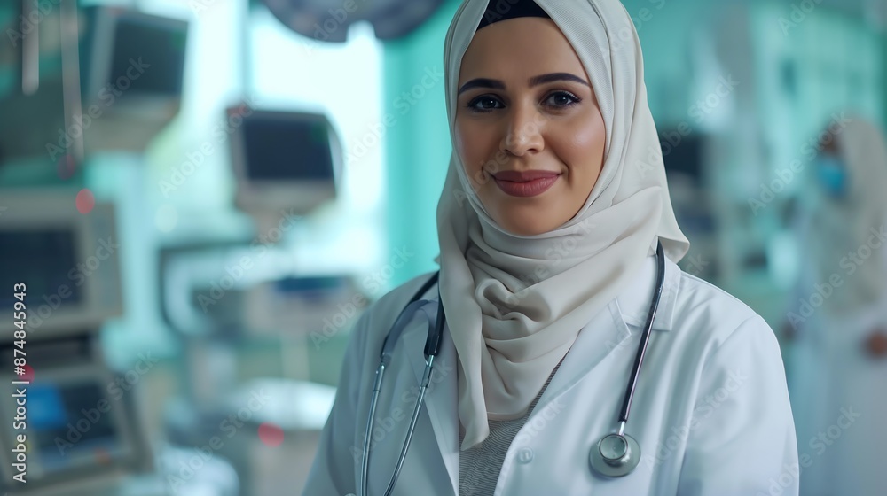 Professional Veiled Doctor Wearing White Coat and Stethoscope Smiling in Hospital Room, Concept of Healthcare and Medical Expertise Professional Veiled Doctor Wearing White Coat and Stethoscope Smiling in Hospital Room, Concept of Healthcare and Medical Expertise