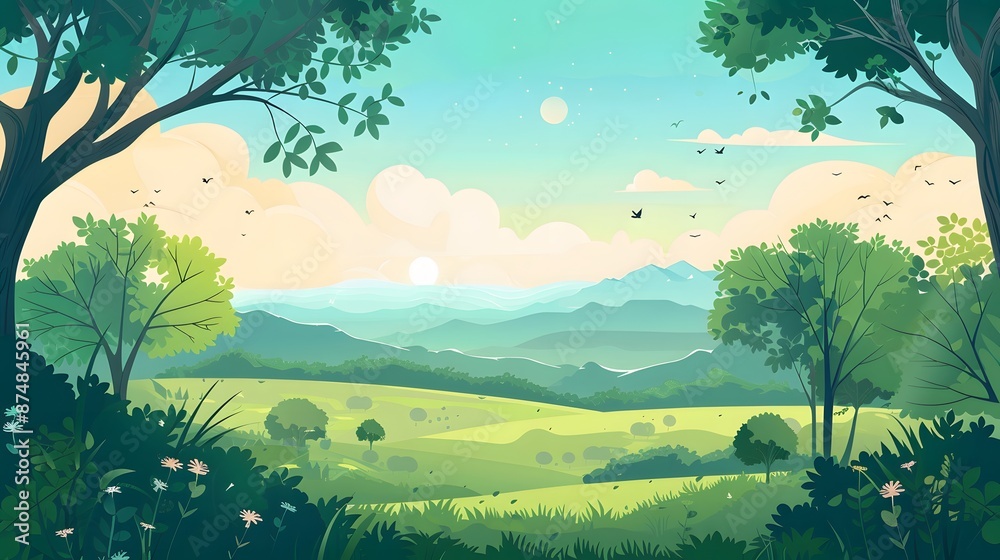 Fototapeta premium Landscape countryside nature background with sky, green trees, hill and meadow, vector illustration flat design. 