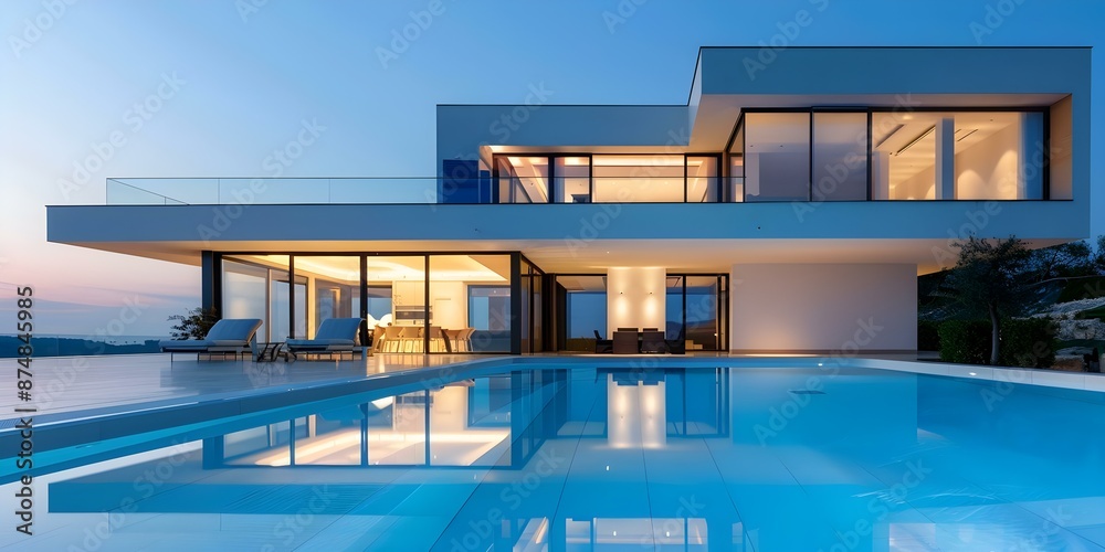 Fototapeta premium Contemporary Home with Solar Panels and Pool A Nighttime View. Concept Contemporary Home, Solar Panels, Pool, Nighttime View