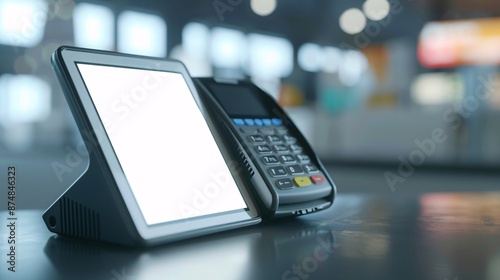 Effortless credit card payment using a bank's empty screen on a 3D-rendered terminal against a white backdrop.