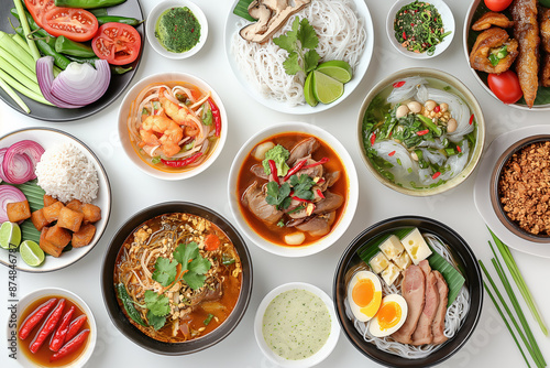 Variety of asian dishes displayed on white background