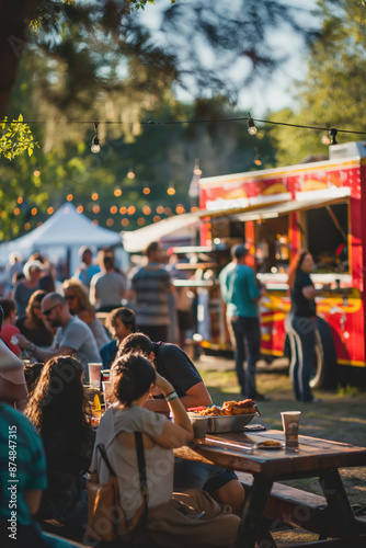 Fototapeta Naklejka Na Ścianę i Meble -  People enjoying food and drinks at outdoor summer festival