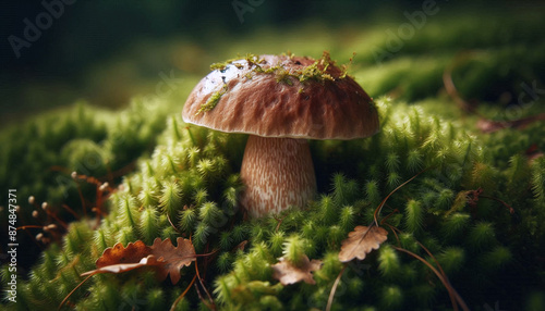 Realistic photo of a single mushroom sitting on top of moss covered ground. Perfect for nature and mushroom enthusiasts