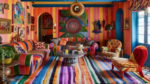 This vibrant living room exudes maximalist charm featuring an abundance of colorful stripes and statementmaking decor. photo