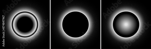 White halftone dots on black background, circular dots pattern with copy space.