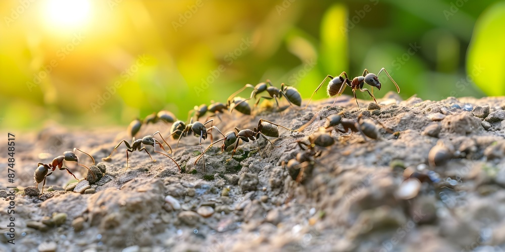 Ant colonies bustling with activity as ants work together to build nests. Concept Insect Behavior, Social Structure, Teamwork, Nest Building, Ant Colonies