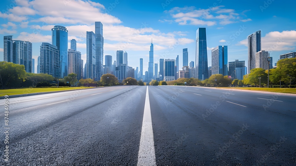 Empty wide asphalt road and city skyline. Side asphalt tarmac floor with buildings and modern cityscape. Empty wide asphalt road and city skyline. Side asphalt tarmac floor with buildings and modern cityscape.