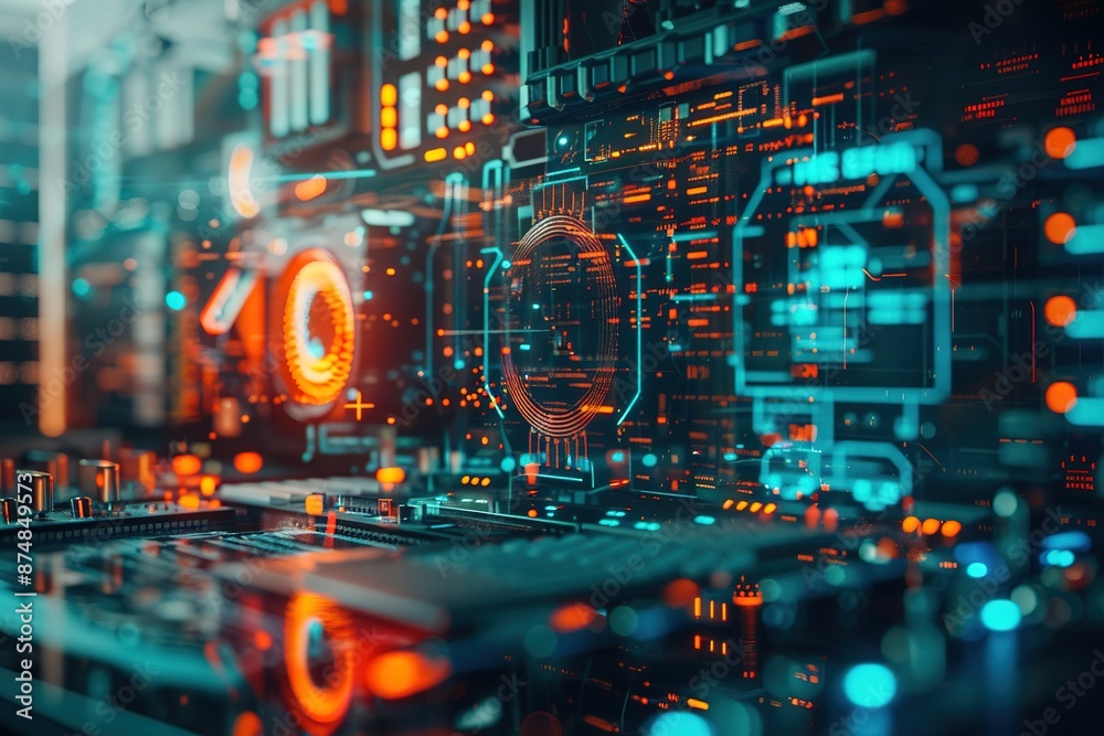 Double exposure of computer and hi tech, mechanical technology theme hologram. Concept of freelance work. Double exposure of computer and hi tech, mechanical technology theme hologram. Concept of freelance work.
