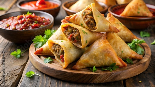 Crispy and Delicious Homemade Meat Samosas Served with Dipping Sauces photo