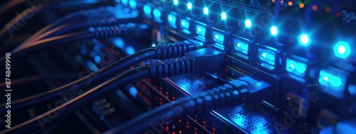 a close up of an network switch with several cables connected to it, blue lighting, dark background, 3d render,