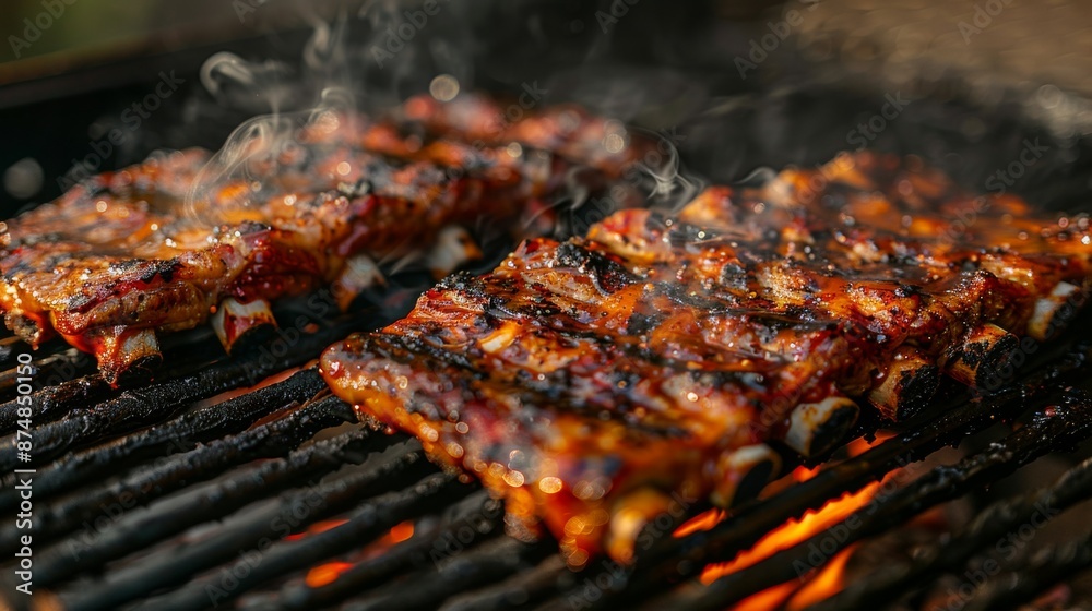 Grilled baby back ribs with smokey BBQ sauce sizzling on hot grill. Grilled baby back ribs with smokey BBQ sauce sizzling on hot grill.
