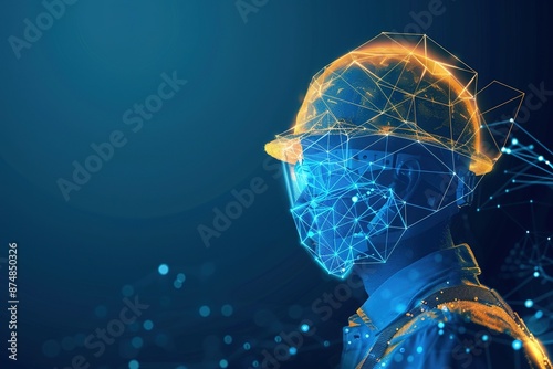 Concept of Health Safety Environment HSE in futuristic glowing low polygonal style on bright blue background. Standard safe industrial work, ESG. 