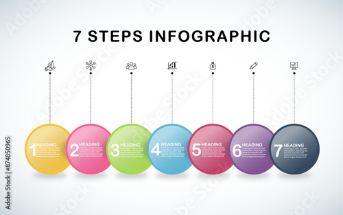 Business infographic template design with icons and process step with 7 options. Can be used for slides, diagram, presentation or web design. Vector illustration