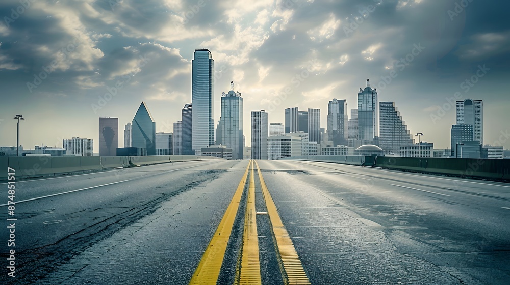 Fototapeta premium Empty wide asphalt road and city skyline. Side asphalt tarmac floor with buildings and modern cityscape.