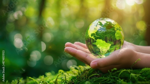Earth Globe in Hand, Green Forest Background