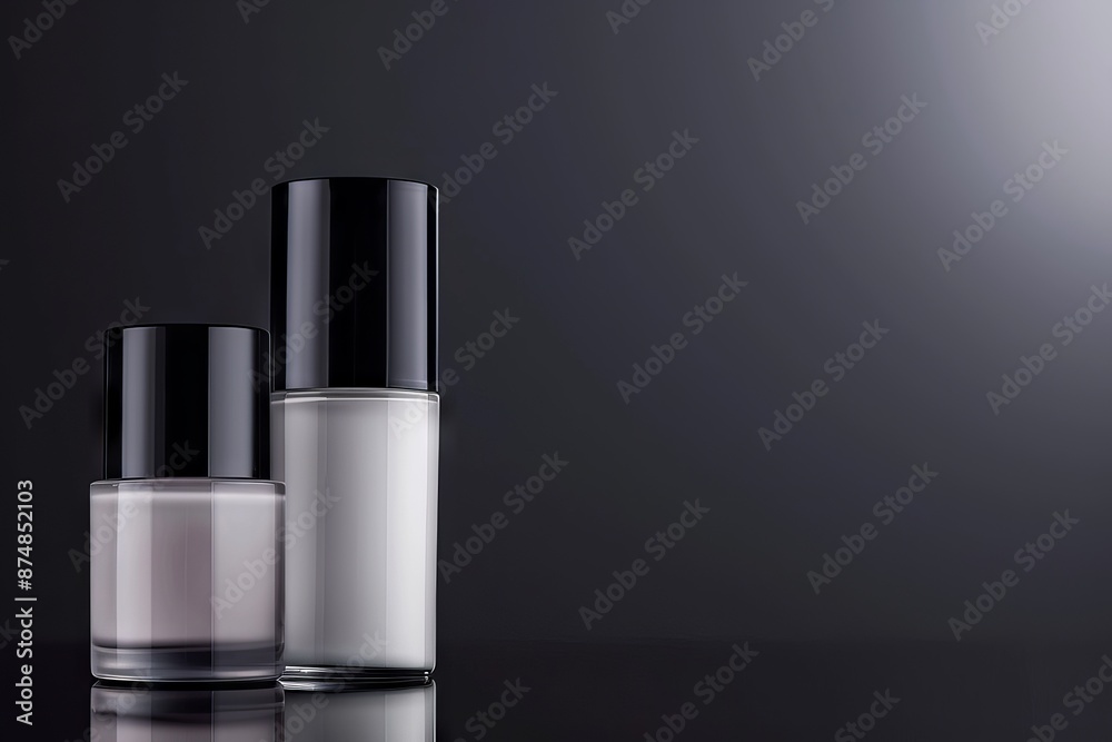 Minimalist shot of two sleek cosmetic bottles against a dark background. Ideal for beauty, skincare, and product advertising. Minimalist shot of two sleek cosmetic bottles against a dark background. Ideal for beauty, skincare, and product advertising.