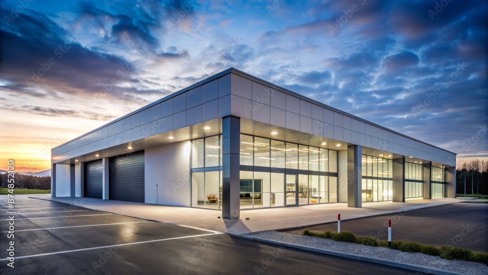 Fototapeta premium Modern angular car service center building with clean lines and sparse lighting stands alone in a desolate evening landscape.