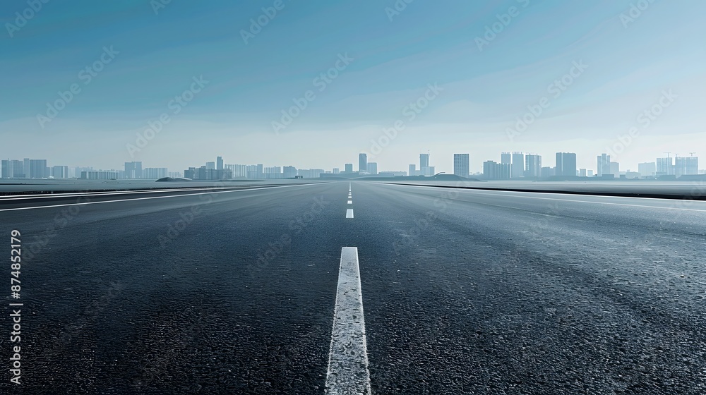 Naklejka premium Empty wide asphalt road and city skyline. Side asphalt tarmac floor with buildings and modern cityscape.