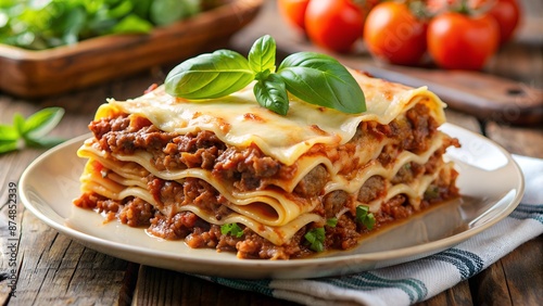 Scrumptious and hearty lasagna with layers of pasta, meat, cheese, and tomato sauce photo