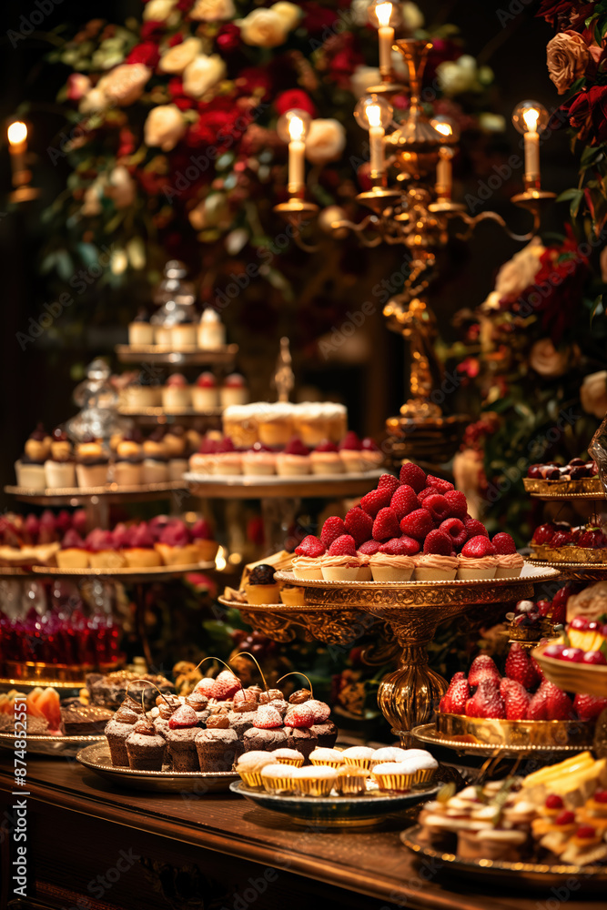 Delicious desserts displayed on a table being illuminated by candelabras Delicious desserts displayed on a table being illuminated by candelabras