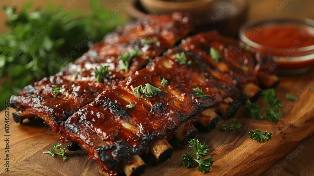 Smokey grilled BBQ Ribs: BBQ ribs placed on a serving platter, with fresh garnishes like parsley and a side of BBQ sauce.
Smokey grilled BBQ Ribs: BBQ ribs placed on a serving platter, with fresh garnishes like parsley and a side of BBQ sauce.