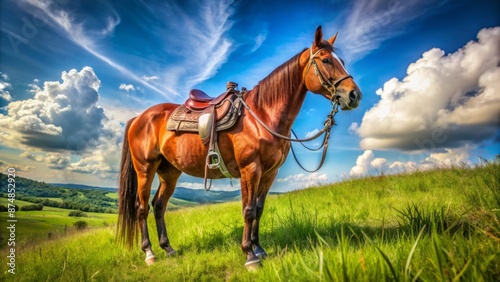 Majestic brown horse wearing ornate saddle and bridle stands regally alone in a lush green meadow under clear blue sky.