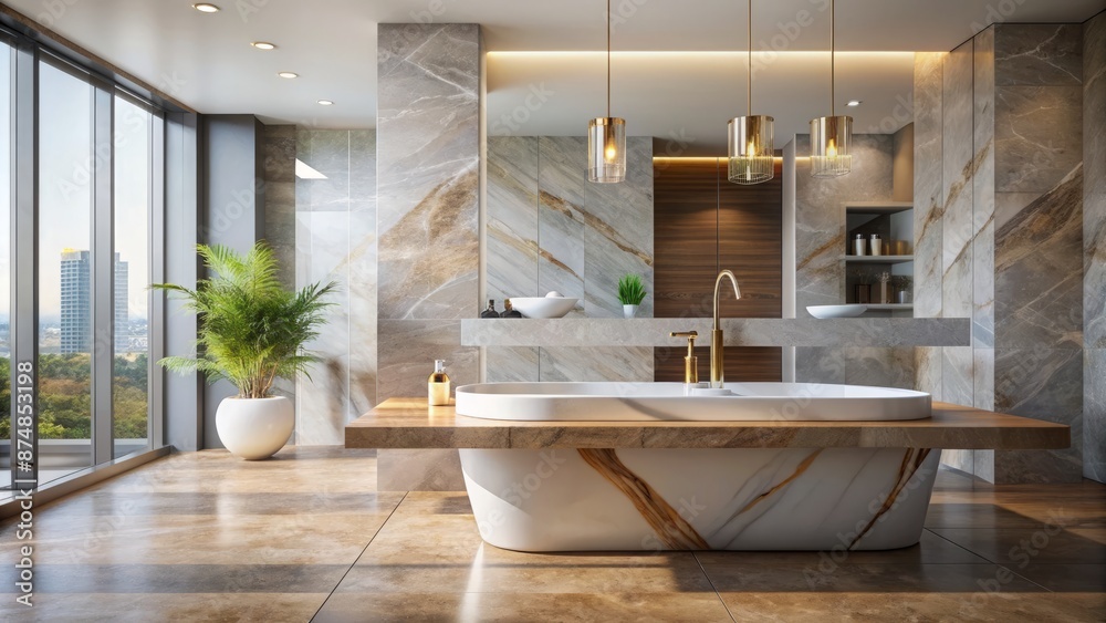 Fototapeta premium Elegant empty marble table situated in front of a blurred modern bathroom interior with clean lines and neutral colors.