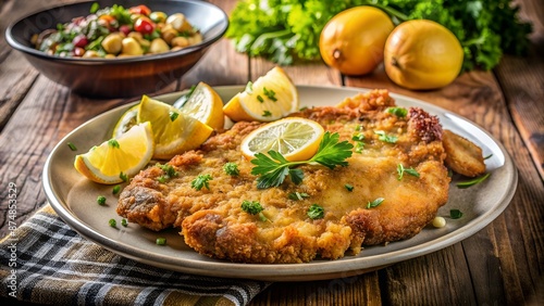 Delicious and crispy breaded veal cutlet with lemon and parsley on a plate