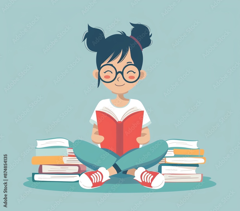Cartoon Illustration of an Asian Girl Reading and Studying Learning Book, Book Lover Cartoon Style Cartoon Illustration of an Asian Girl Reading and Studying Learning Book, Book Lover Cartoon Style