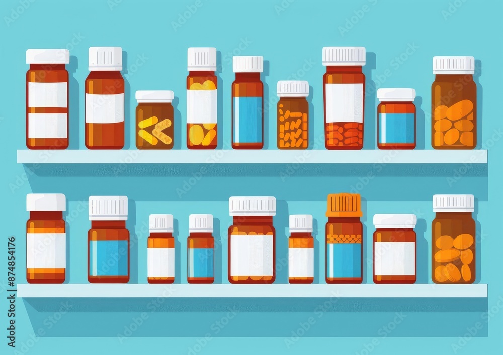 Pharmacy Organization Prescription Medication Bottles on Shelf Flat Design Illustration Pharmacy Organization Prescription Medication Bottles on Shelf Flat Design Illustration
