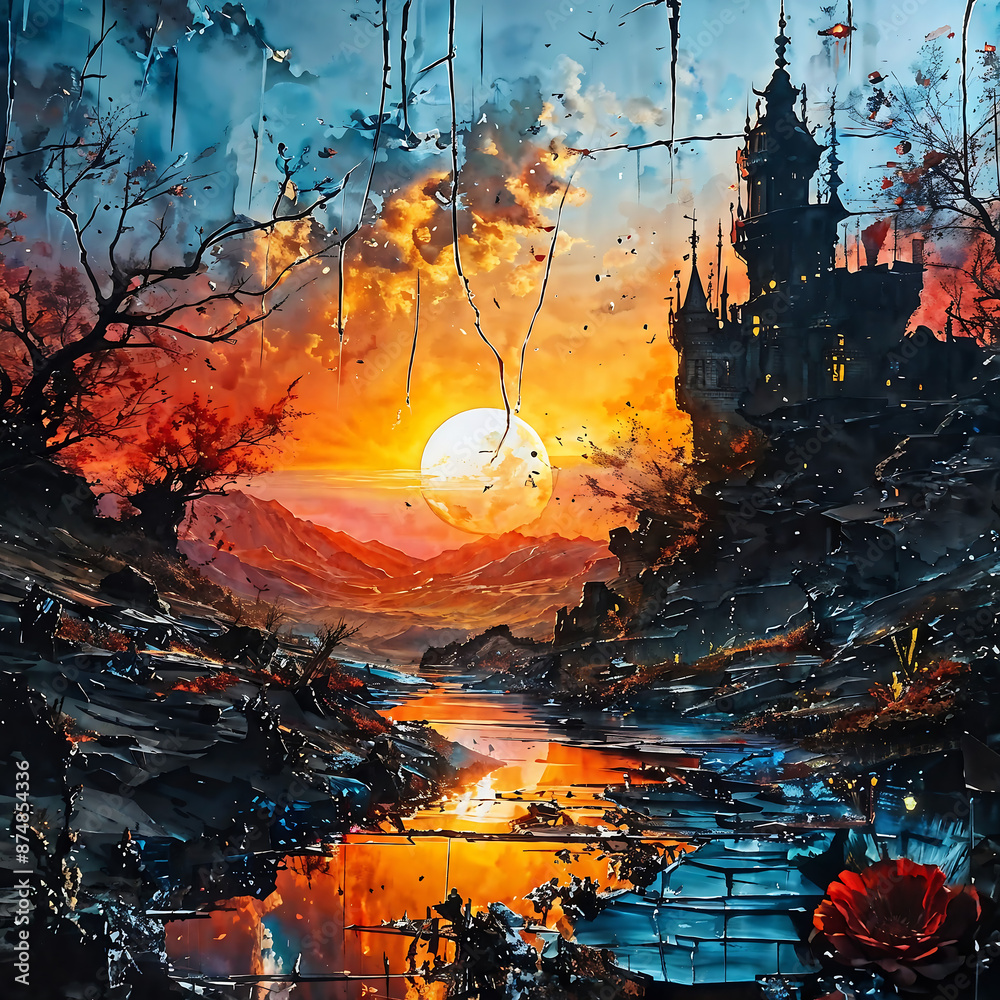 Fototapeta premium Nature ldeeb double exposure detailed sunset painting surrealism mail art 
