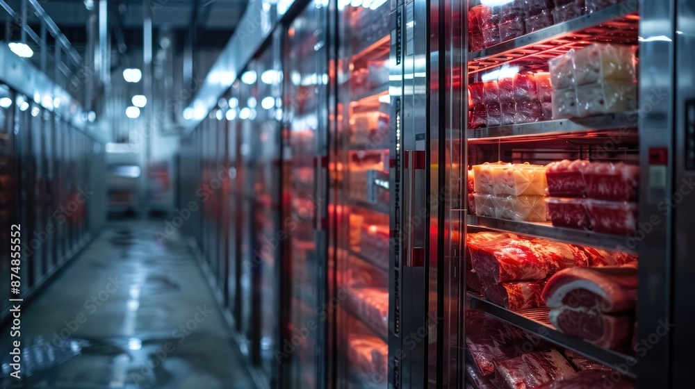 Large industrial freezer door being opened, revealing rows of frozen seafood and meats inside.