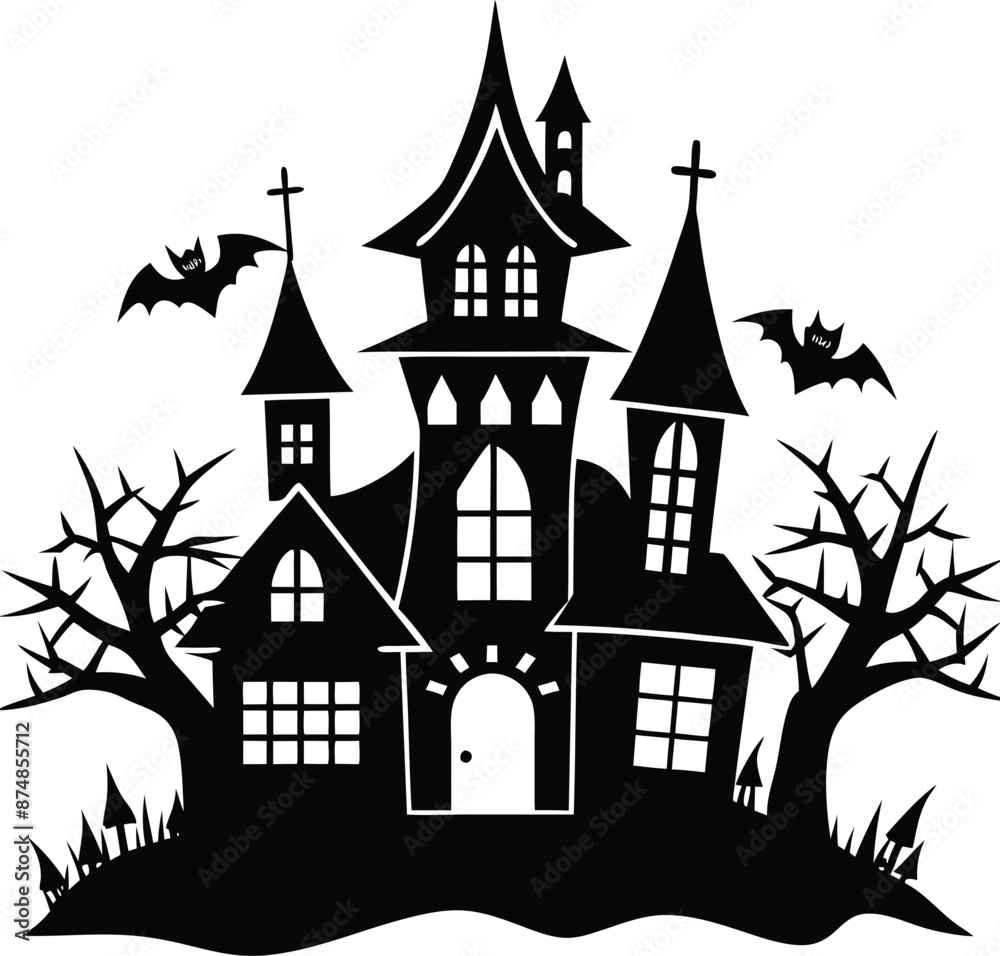 black flat halloween house silhouette white background black flat halloween house silhouette white background