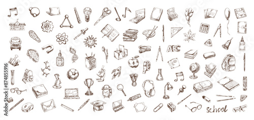 Back to School, hand drawn school supplies - big sketch set. Doodle lettering and school object collection. Education Concept. Vintage sketch element. Vector illustration. Back to School.