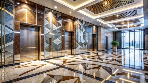 Modern sleek high-rise office building entrance with polished marble floors and geometric-patterned wall art, conveying corporate sophistication. © DigitalArt Max