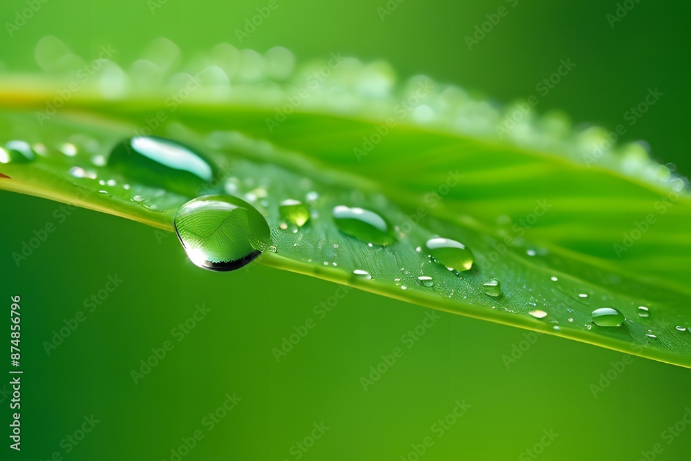Macro photography close-up of green leaf with dew drop. Concept of natural beauty and morning freshness. Macro photography close-up of green leaf with dew drop. Concept of natural beauty and morning freshness.