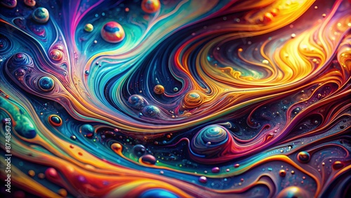 Vibrant, swirling, iridescent liquid dynamics unfold in mesmerizing, dreamlike, psychedelic patterns against a dark, mysterious, infinite background.