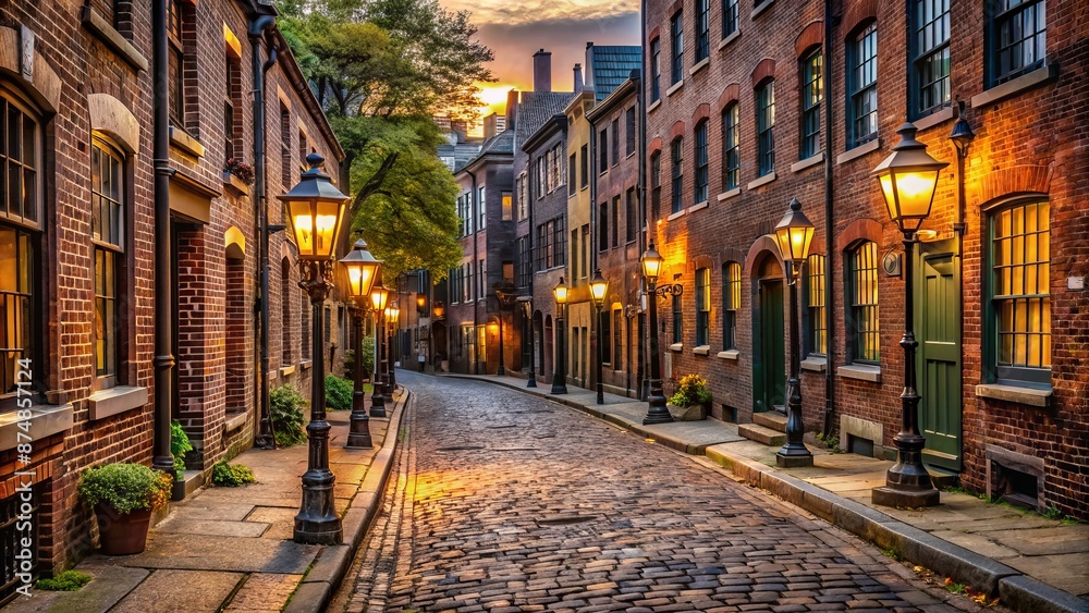 Fototapeta premium Weathered cobblestone street lined with ornate gas lamps, ancient buildings, and worn brick facades in a bygone era atmosphere.