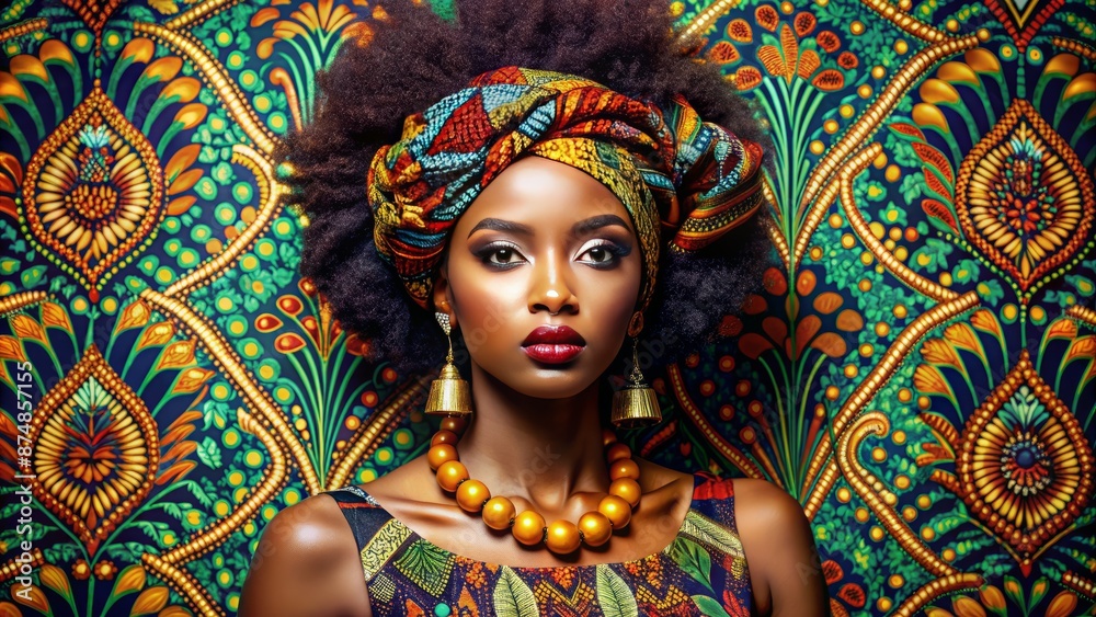 Vibrant Afro-chic backdrop with bold patterns, luxurious fabrics, and glamorous accessories evoking essence of high-end fashion and beauty. Vibrant Afro-chic backdrop with bold patterns, luxurious fabrics, and glamorous accessories evoking essence of high-end fashion and beauty.
