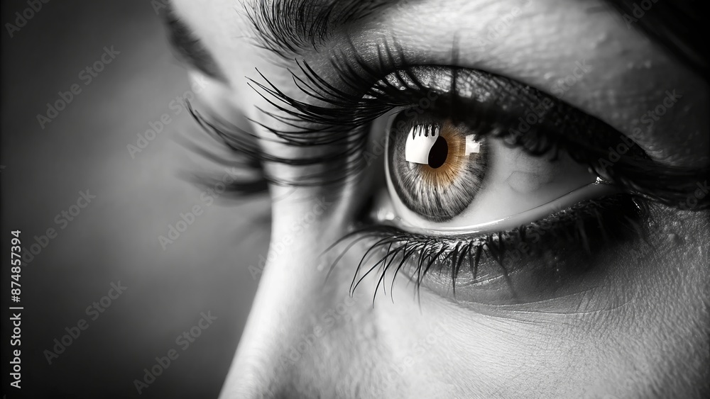 Fototapeta premium High-contrast black and white close-up of a solitary feminine eye gazing intensely into the distance with subtle eyelashes.