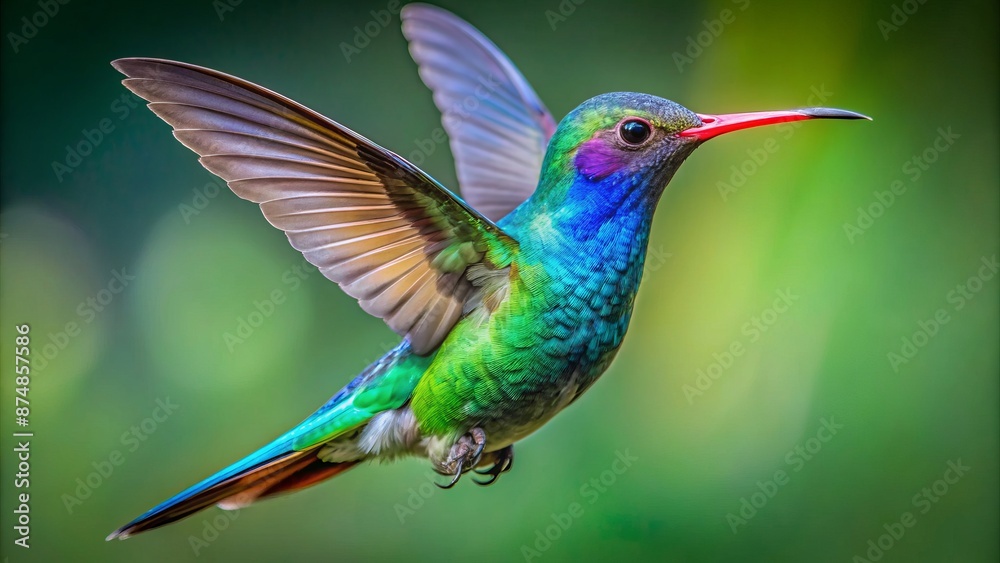 Vibrant iridescent feathers glowing emerald green, bright blue throat patch shining, broad-billed hummingbird hovers mid-air, transparent background accentuates majestic flight. Vibrant iridescent feathers glowing emerald green, bright blue throat patch shining, broad-billed hummingbird hovers mid-air, transparent background accentuates majestic flight.