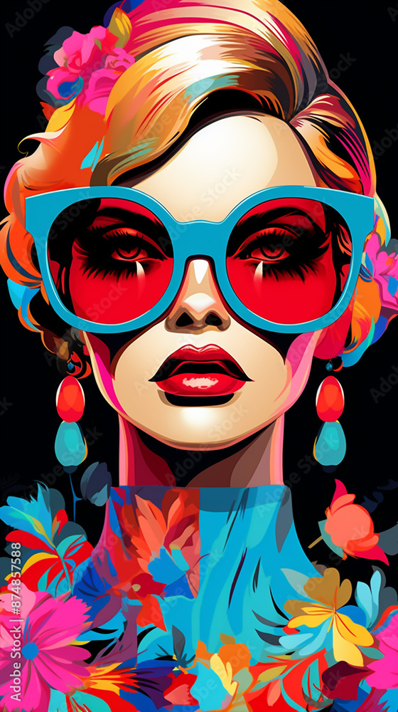 Fototapeta premium Fashion illustration. Colorful pop art 80s comic style fashion drawing. Model wearing glasses, vertical banner, instastory or tiktok background