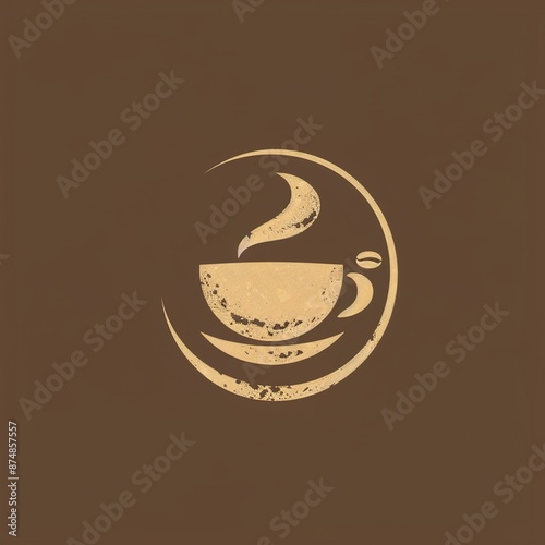 A rustic, vintage logo for a coffee shop with coffee bean and steam motifs on a solid brown background.