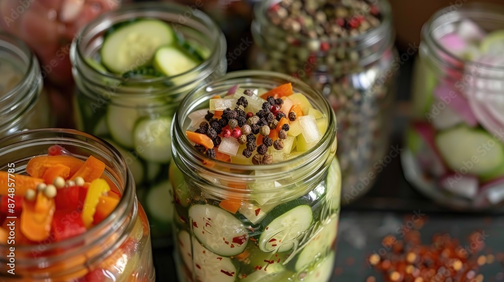 Close-up of mason jars filled with pickled vegetables, with a jar lifter and pickling spices around them.