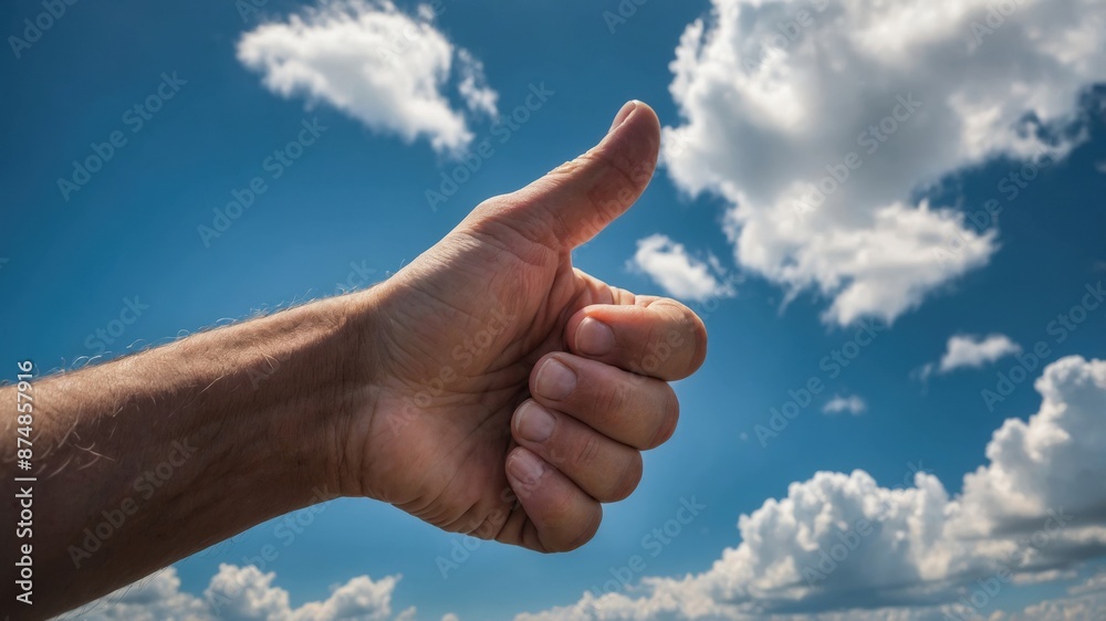 Close-up of a hand giving a thumbs up gesture against a bright blue sky filled with fluffy white clouds, symbolizing positivity.
Close-up of a hand giving a thumbs up gesture against a bright blue sky filled with fluffy white clouds, symbolizing positivity.